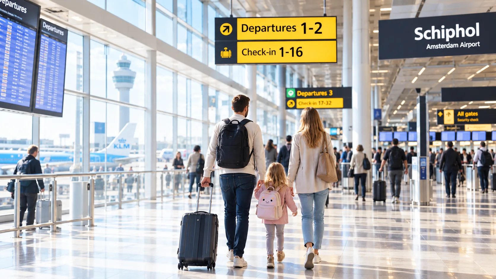 Gezin met koffers onderweg naar de vertrekhal van Schiphol na het parkeren van hun auto